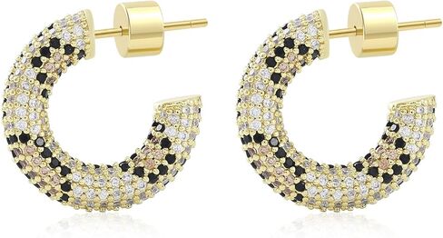 C-Shape Stud Earrings 14K Gold Plated Chunky Open Hoop Earrings for Women Sparkly Cubic Zirconia Dainty Jewelry Gifts in Kuwait