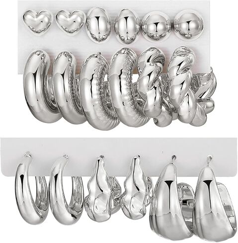 17IF 9 Pair Drop Dangle Stud Gold Silver Hoop Earrings Set for Women Chunky Hypoallergenic Earrings Heart Mini Lightweight Twisted for Daily Party Gift in Kuwait