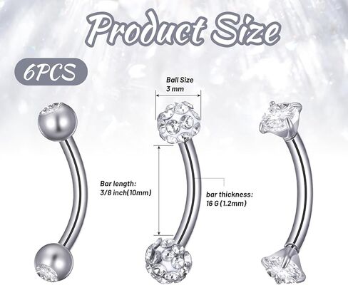 6 Pcs Bridge Piercing Jewelry - Stainless Steel Curved Barbell Piercing Jewelry, 16 Gauge 10mm Eyebrow Rings, Nose Bridge, Surface Tragus Earrings in Kuwait