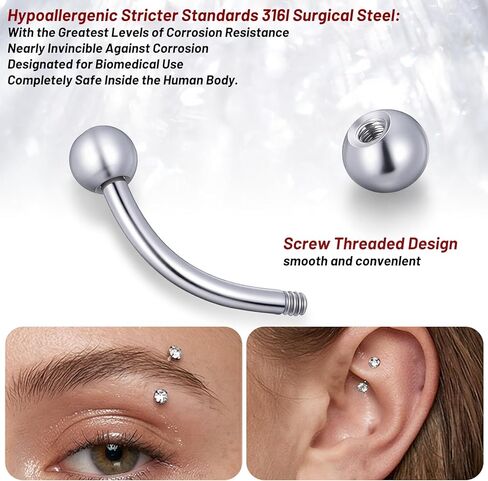 6 Pcs Bridge Piercing Jewelry - Stainless Steel Curved Barbell Piercing Jewelry, 16 Gauge 10mm Eyebrow Rings, Nose Bridge, Surface Tragus Earrings in Kuwait