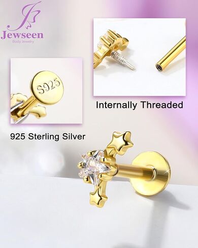 Jewseen Lip Tragus Conch Helix Cartilage Flat Back 16g 8mm Stud Earring Dangle Opal Zircon Hypoallergenic 925 Sterling Silver Internally Threaded Fine Piercing Jewelry in Saudi Arabia
