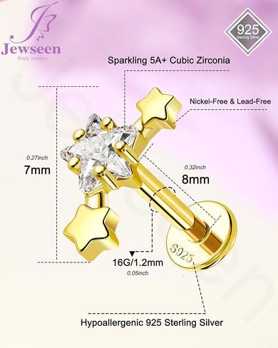 Jewseen Lip Tragus Conch Helix Cartilage Flat Back 16g 8mm Stud Earring Dangle Opal Zircon Hypoallergenic 925 Sterling Silver Internally Threaded Fine Piercing Jewelry in Saudi Arabia