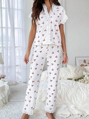 Womens Pajama Set Short Sleeve Long Pant Sleepwear Soft Shirring Lounge Set Pjs in Saudi Arabia