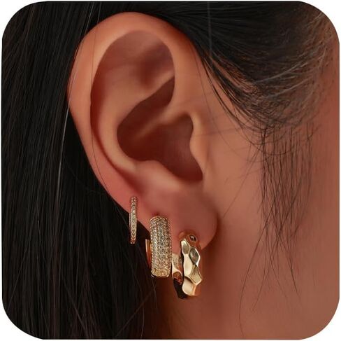 3 Pairs Gold Chunky Hoop Earrings Set for Women, 14K Gold Plated Hoop Earrings, Hypoallergenic Trendy Gold Earrings Set in Saudi Arabia