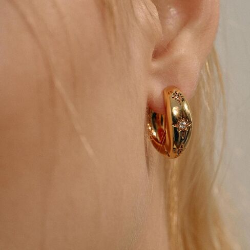 Chunky Gold Hoop Earrings for Women, 18K Gold Plated CZ Star Hoops Huggie Earrings Sterling Silver Post Statement Earrings Jewelry Thick Lightweight Trendy Hoop Earrings for Women Gifts in Kuwait