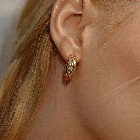 Chunky Gold Hoop Earrings for Women, 18K Gold Plated CZ Star Hoops Huggie Earrings Sterling Silver Post Statement Earrings Jewelry Thick Lightweight Trendy Hoop Earrings for Women Gifts in Kuwait