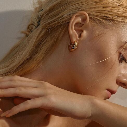 Chunky Gold Hoop Earrings for Women, 18K Gold Plated CZ Star Hoops Huggie Earrings Sterling Silver Post Statement Earrings Jewelry Thick Lightweight Trendy Hoop Earrings for Women Gifts in Kuwait