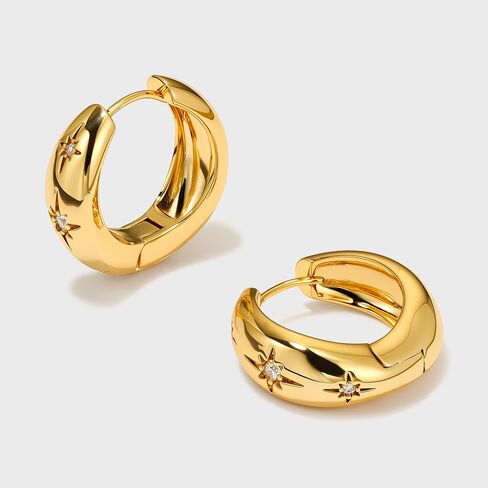Chunky Gold Hoop Earrings for Women, 18K Gold Plated CZ Star Hoops Huggie Earrings Sterling Silver Post Statement Earrings Jewelry Thick Lightweight Trendy Hoop Earrings for Women Gifts in Kuwait