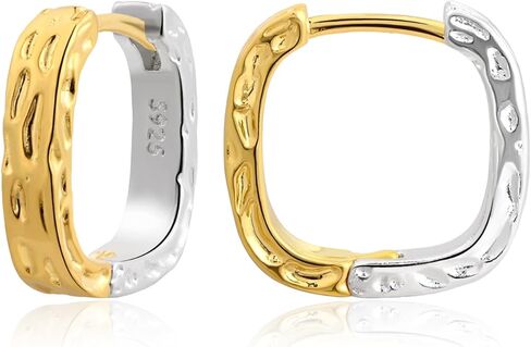 14K Gold Plated and Silver Plated Hammered Two Tone Mix Color Huggie Hoop Hypoallergenic Square Earrings in Kuwait