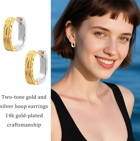 14K Gold Plated and Silver Plated Hammered Two Tone Mix Color Huggie Hoop Hypoallergenic Square Earrings in Kuwait
