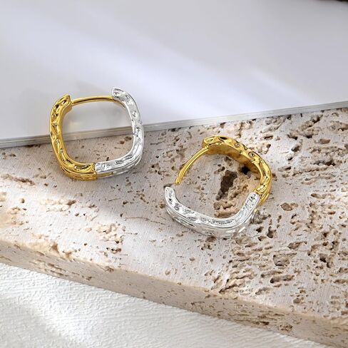 14K Gold Plated and Silver Plated Hammered Two Tone Mix Color Huggie Hoop Hypoallergenic Square Earrings in Kuwait