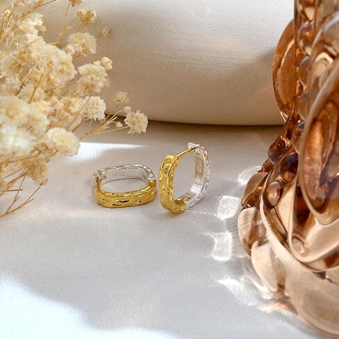14K Gold Plated and Silver Plated Hammered Two Tone Mix Color Huggie Hoop Hypoallergenic Square Earrings in Kuwait