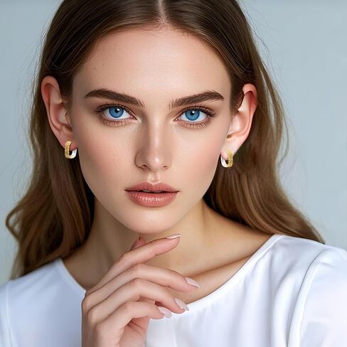 14K Gold Plated and Silver Plated Hammered Two Tone Mix Color Huggie Hoop Hypoallergenic Square Earrings in Kuwait