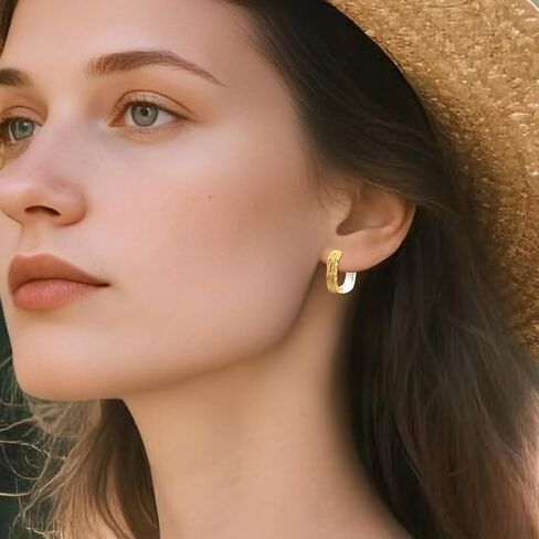 14K Gold Plated and Silver Plated Hammered Two Tone Mix Color Huggie Hoop Hypoallergenic Square Earrings in Kuwait