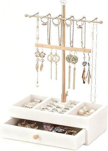TANG SONG Jewelry Organizer Stand with Drawer, 12-Hook Necklace Holder, Earring Rack & 2-Tier Velvet Storage for Rings, Bracelets (White) in Saudi Arabia