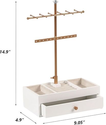 TANG SONG Jewelry Organizer Stand with Drawer, 12-Hook Necklace Holder, Earring Rack & 2-Tier Velvet Storage for Rings, Bracelets (White) in Saudi Arabia