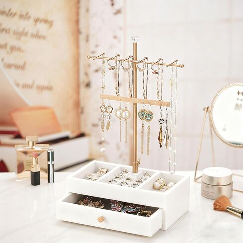 TANG SONG Jewelry Organizer Stand with Drawer, 12-Hook Necklace Holder, Earring Rack & 2-Tier Velvet Storage for Rings, Bracelets (White) in Saudi Arabia