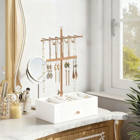 TANG SONG Jewelry Organizer Stand with Drawer, 12-Hook Necklace Holder, Earring Rack & 2-Tier Velvet Storage for Rings, Bracelets (White) in Saudi Arabia