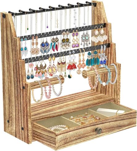 MODOWEY Jewelry Stand Necklace Earring Holder Organizer, Tiered Countertop Jewellery Tree with Ring Drawer, Wooden Bracelet Display Rack for Women Vendors, Organize 120+ Pieces Neatly & Within Reach in Saudi Arabia