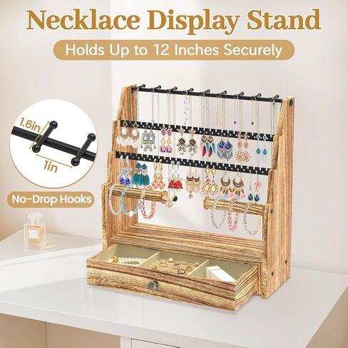 MODOWEY Jewelry Stand Necklace Earring Holder Organizer, Tiered Countertop Jewellery Tree with Ring Drawer, Wooden Bracelet Display Rack for Women Vendors, Organize 120+ Pieces Neatly & Within Reach in Saudi Arabia