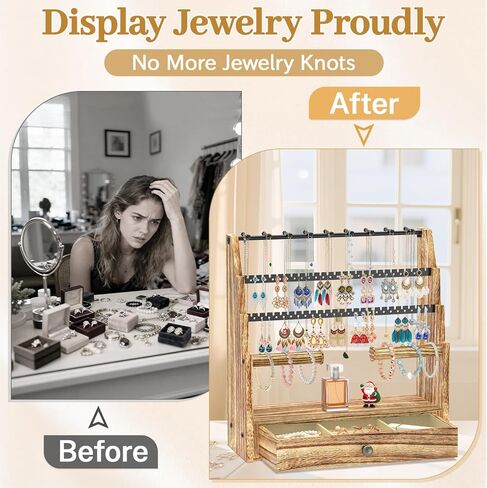 MODOWEY Jewelry Stand Necklace Earring Holder Organizer, Tiered Countertop Jewellery Tree with Ring Drawer, Wooden Bracelet Display Rack for Women Vendors, Organize 120+ Pieces Neatly & Within Reach in Saudi Arabia
