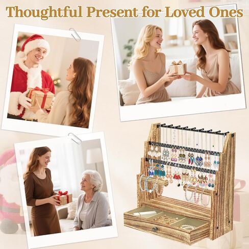 MODOWEY Jewelry Stand Necklace Earring Holder Organizer, Tiered Countertop Jewellery Tree with Ring Drawer, Wooden Bracelet Display Rack for Women Vendors, Organize 120+ Pieces Neatly & Within Reach in Saudi Arabia