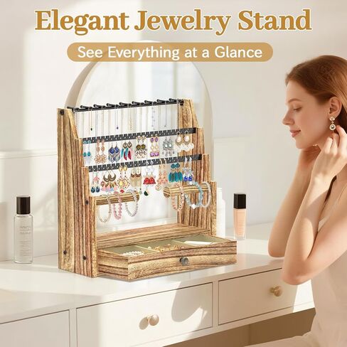 MODOWEY Jewelry Stand Necklace Earring Holder Organizer, Tiered Countertop Jewellery Tree with Ring Drawer, Wooden Bracelet Display Rack for Women Vendors, Organize 120+ Pieces Neatly & Within Reach in Saudi Arabia