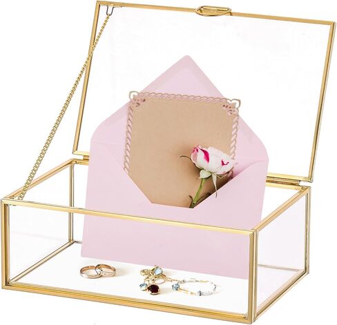 صندوق مجوهرات زجاجي ذهبي عتيق من MAOPINER، منظم عرض زجاجي مزخرف مقاس 5.7 × 3.5 × 2.2 بوصة مع غطاء، تصميم مستطيل شفاف للخواتم والأساور والأقراط in Kuwait