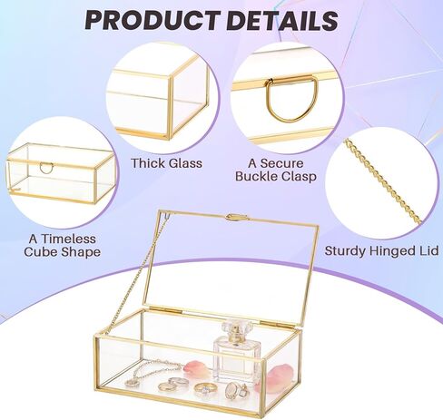 صندوق مجوهرات زجاجي ذهبي عتيق من MAOPINER، منظم عرض زجاجي مزخرف مقاس 5.7 × 3.5 × 2.2 بوصة مع غطاء، تصميم مستطيل شفاف للخواتم والأساور والأقراط in Kuwait