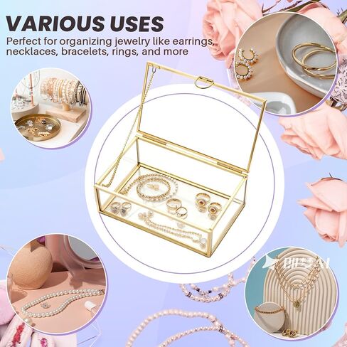 صندوق مجوهرات زجاجي ذهبي عتيق من MAOPINER، منظم عرض زجاجي مزخرف مقاس 5.7 × 3.5 × 2.2 بوصة مع غطاء، تصميم مستطيل شفاف للخواتم والأساور والأقراط in Kuwait