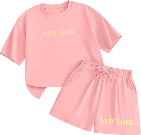 Girls 2 Piece Outfits Casual New York Short Sleeve Oversized T-Shirt and Elastic Waist Shorts Set Summer Outfit in Kuwait