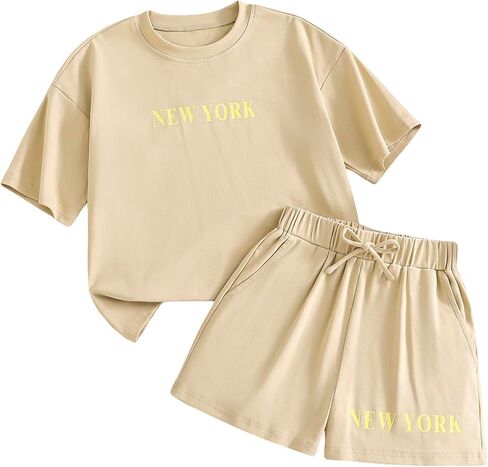 Girls 2 Piece Outfits Casual New York Short Sleeve Oversized T-Shirt and Elastic Waist Shorts Set Summer Outfit in Saudi Arabia