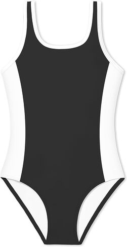 بدلة سباحة للفتيات من CRISONE بدلة استحمام من قطعة واحدة للفتيات بألوان زاهية شريطية وأشرطة مزدوجة ملابس سباحة صلبة لعمر 9-16 سنة in Kuwait