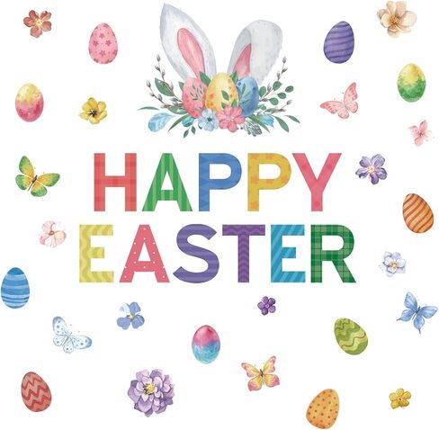 IARTTOP Happy Wall Decal Adorable Bunny Wall Sticker Easter Eggs Window Decal Rabbit Flower Wall Mural Colorful Egg Sticker Welcome Easter Window Cling for Home School Door Decor in Kuwait