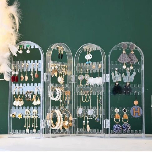 Earring Holder Organizer Stand, 4 Panels 260 Holes Foldable Screen Necklace Rack Multi-Purpose Dressing Tabletop Jewelry Holder with for Studs, Drops & Hoops, Vanity Jewelry Storage in Saudi Arabia