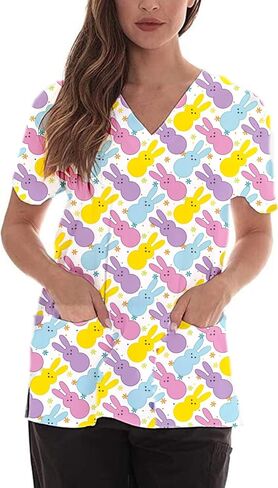 Fourth of July Women's V-Neck 4th of July American Flag Star Stripe Printed Patriotic Scrub Tops in Kuwait