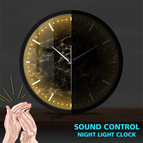 تنبيهات المهوس الحد الأدنى من الرخام الأسود التحكم الصوتي LED ضوء الليل ساعة الحائط الرخام الأسود إطار معدني صامت ساعة حديثة تعمل بالبطارية ساعة حائط فنية تجريدية in Kuwait