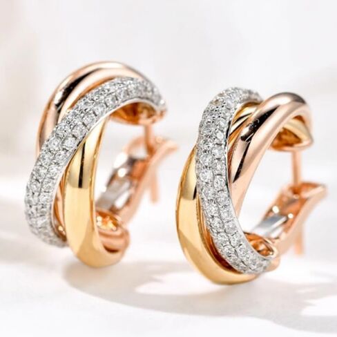 Exquisite Zirconia Tri-Tone Intertwined Hoop Earrings for Women Daily Banquet Holiday Fashion Jewelry in Saudi Arabia