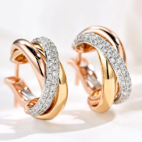 Exquisite Zirconia Tri-Tone Intertwined Hoop Earrings for Women Daily Banquet Holiday Fashion Jewelry in Saudi Arabia