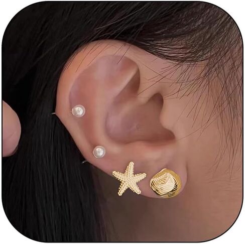 Starfish Earrings for Women Gold Dainty Shell Pearl Stud Hoop Earring Stacks Multiple Piercing Trendy Cute Beach Jewelry Summer Vacation Outfits Fashion Accessories Gifts in Saudi Arabia