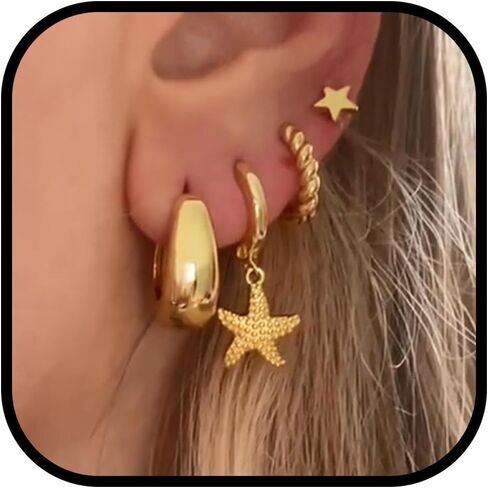 Starfish Earrings for Women Gold Dainty Shell Pearl Stud Hoop Earring Stacks Multiple Piercing Trendy Cute Beach Jewelry Summer Vacation Outfits Fashion Accessories Gifts in Saudi Arabia