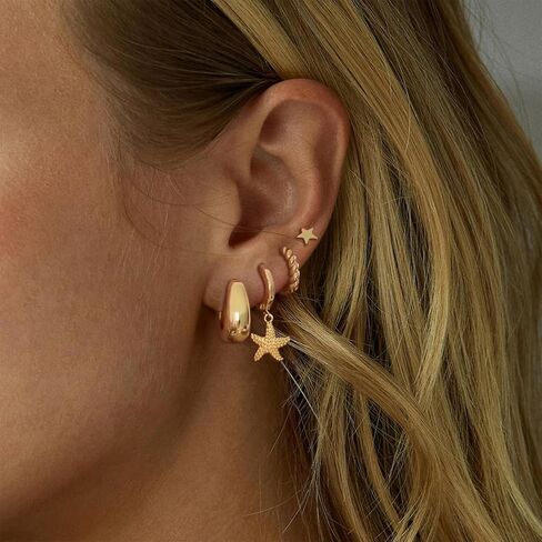 Starfish Earrings for Women Gold Dainty Shell Pearl Stud Hoop Earring Stacks Multiple Piercing Trendy Cute Beach Jewelry Summer Vacation Outfits Fashion Accessories Gifts in Saudi Arabia