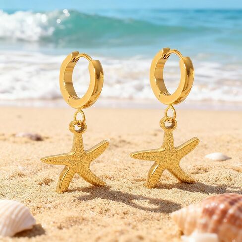 Starfish Earrings for Women Gold Dainty Shell Pearl Stud Hoop Earring Stacks Multiple Piercing Trendy Cute Beach Jewelry Summer Vacation Outfits Fashion Accessories Gifts in Saudi Arabia