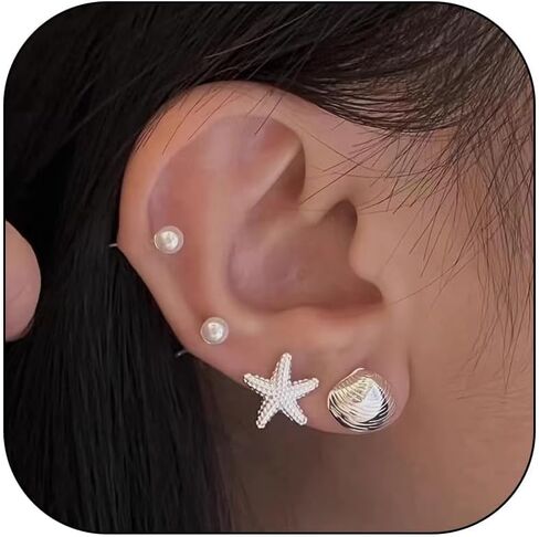 Starfish Earrings for Women Gold Dainty Shell Pearl Stud Hoop Earring Stacks Multiple Piercing Trendy Cute Beach Jewelry Summer Vacation Outfits Fashion Accessories Gifts in Saudi Arabia