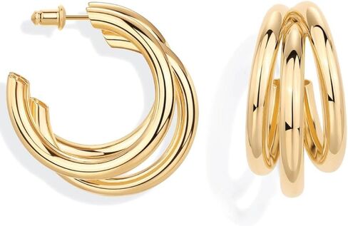 أقراط ثلاثية مطلية بالذهب عيار 18 قيراط | حلقات ذهبية مكتنزة متعددة الأنابيب للنساء | هيبوالرجينيك العصرية الثلاثية سبليت حلقة هوجي الأقراط in Kuwait