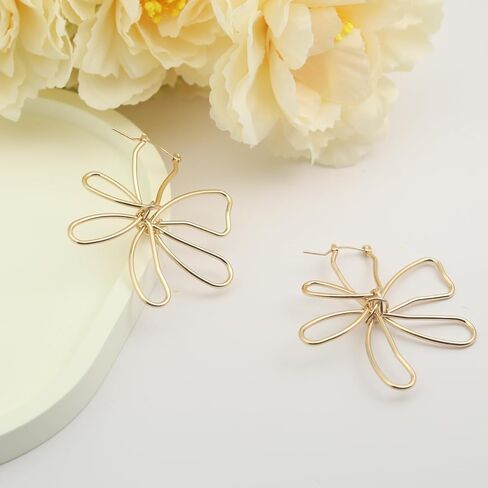 Large Gold Wire Frame Flower Hoops Earring Big Statement Flower Earrings For Women Lightweight Trendy Floral Earrings For Women in Saudi Arabia
