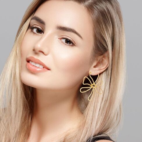 Large Gold Wire Frame Flower Hoops Earring Big Statement Flower Earrings For Women Lightweight Trendy Floral Earrings For Women in Saudi Arabia