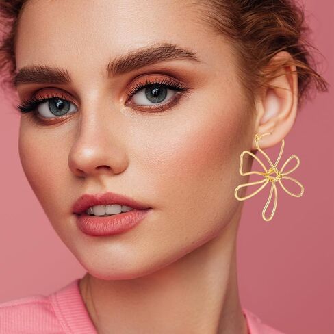 Large Gold Wire Frame Flower Hoops Earring Big Statement Flower Earrings For Women Lightweight Trendy Floral Earrings For Women in Saudi Arabia