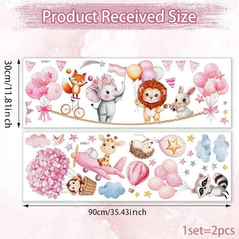 Pink Animal Hot Air Balloon Wall Decals, Lion, Fox, Elephant, Rabbit，Flowers，Balloons Wall Stickers Baby Nursery Bedroom Girls Toddler Pink Room Peel and Stick. in Kuwait