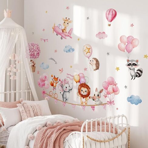Pink Animal Hot Air Balloon Wall Decals, Lion, Fox, Elephant, Rabbit，Flowers，Balloons Wall Stickers Baby Nursery Bedroom Girls Toddler Pink Room Peel and Stick. in Kuwait